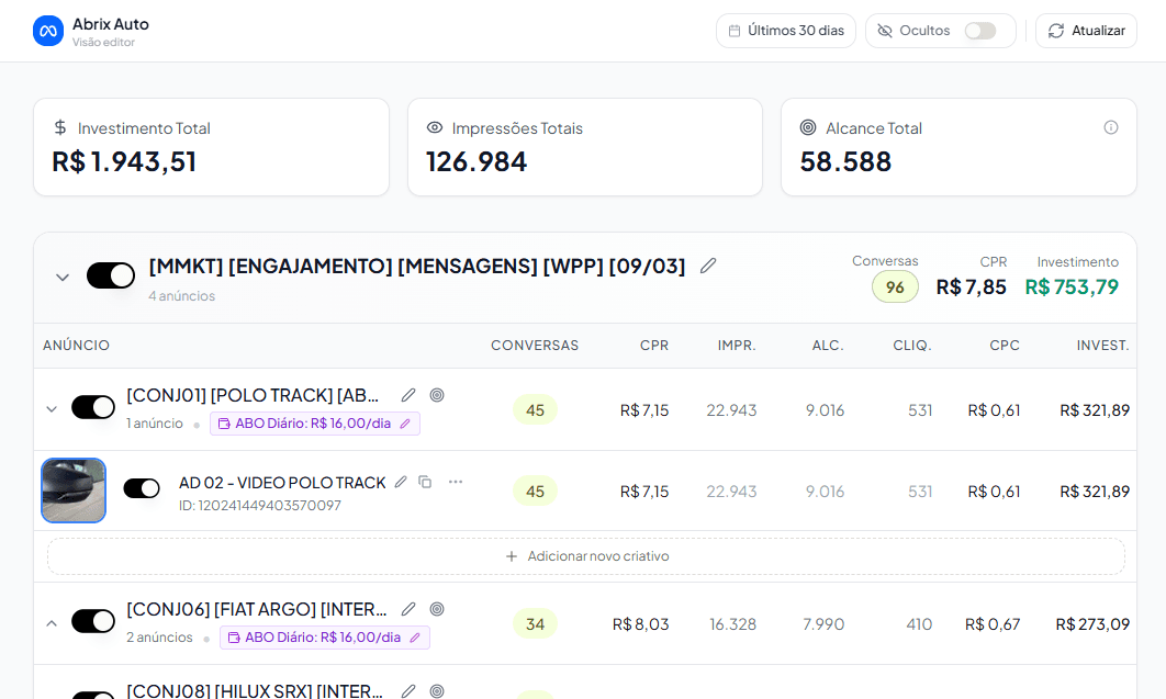 Interface de criação de anúncios
